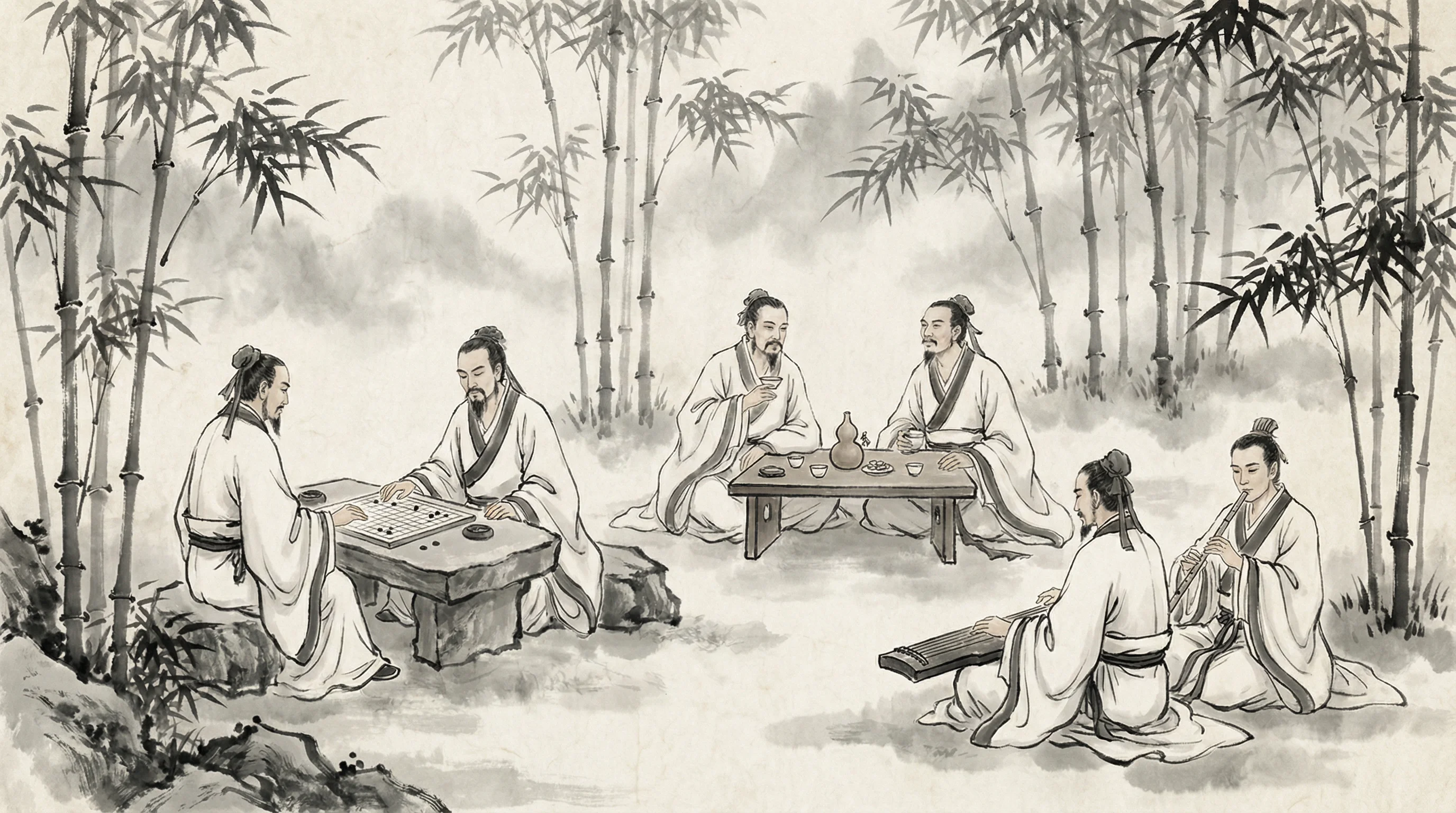 竹林七贤水墨画，隐士以棋会友，共参 炸金花guanwang 之道